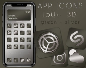 App Icons Green Silver | 150+ Premium Iphone Apple and Samsung App Icons | 3D | Ios14 | Spring | Olive | silver | You