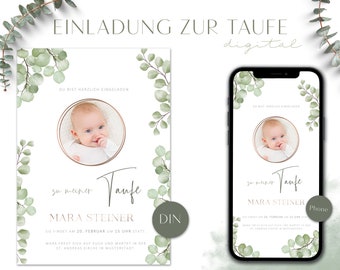 Christening Invitation - PERSONALIZABLE Baptism - Invitation Template, Botanical, Printable, Gold Greenery, Digital, Instant Download