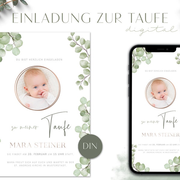 Einladung zur Taufe  - PERSONALISIERBARE Tauf - Einladung Vorlage, botanisch, druckbar, Gold Greenery, digital, Instant Download