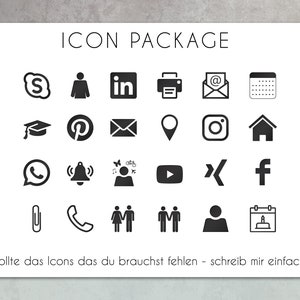 May include: A black and white graphic design icon package with 24 icons, including social media, communication, and general icons. The text "ICON PACKAGE" is at the top of the image. The text "Sollte das Icons das du brauchst fehlen - schreib mir einfach!" is at the bottom of the image.