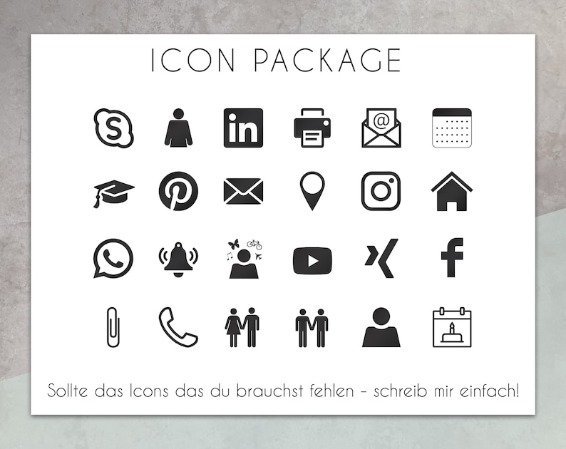 May include: A black and white graphic design icon package with 24 icons, including social media, communication, and general icons. The text "ICON PACKAGE" is at the top of the image. The text "Sollte das Icons das du brauchst fehlen - schreib mir einfach!" is at the bottom of the image.