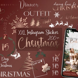Könnte beinhalten: Ein Set mit über 200 Instagram-Stickern zum Thema Weihnachten mit Illustrationen von Schneeflocken, Rentieren, Weihnachtsbäumen, Geschenken, Ornamenten und vielem mehr. Die Sticker sind in einem roségoldenen Farbschema gehalten und haben ein festliches, modernes Design.