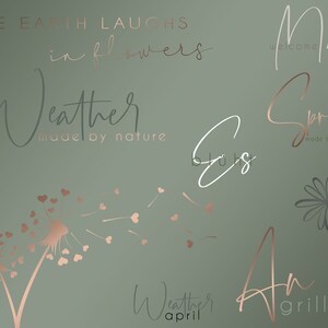 K&ouml;nnte beinhalten: Ein gr&uuml;ner Hintergrund mit einem L&ouml;wenzahn mit rosa Herzen, die im Wind fliegen. Der Text "The Earth Laughs in Flowers" befindet sich oben im Bild. Der Text "Weather made by nature" befindet sich in der Mitte des Bildes. Der Text "Spring made by nature" befindet sich rechts im Bild. Der Text "Weather April" befindet sich unten links im Bild. Der Text "An Grillen" befindet sich unten rechts im Bild.