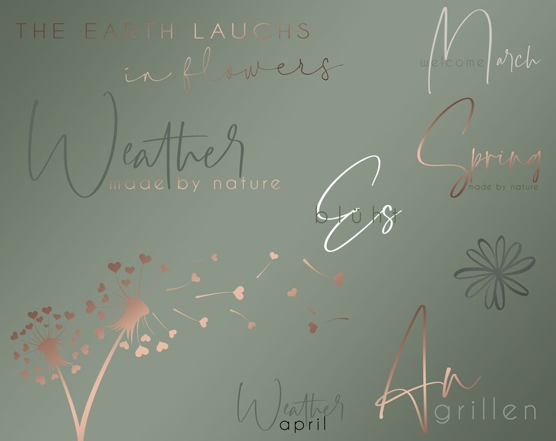 K&ouml;nnte beinhalten: Ein gr&uuml;ner Hintergrund mit einem L&ouml;wenzahn mit rosa Herzen, die im Wind fliegen. Der Text "The Earth Laughs in Flowers" befindet sich oben im Bild. Der Text "Weather made by nature" befindet sich in der Mitte des Bildes. Der Text "Spring made by nature" befindet sich rechts im Bild. Der Text "Weather April" befindet sich unten links im Bild. Der Text "An Grillen" befindet sich unten rechts im Bild.