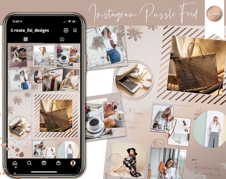 May include: A phone screen displaying a grid of nine images. The images are a mix of fashion, lifestyle, and product shots. The phone screen is surrounded by a white border and the text "Instagram Puzzle Feed" is displayed above the phone screen.
