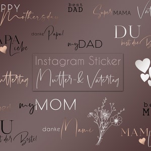 Könnte beinhalten: Ein Set digitaler Sticker für Instagram mit verschiedenen Designs zum Muttertag und Vatertag. Die Sticker beinhalten Sätze wie "Happy Mother's Day", "Best Dad", "Super Mama", "Vatertag", "Papa Liebe", "My Dad", "Du bist die Beste", "Muttertag", "Mutter- & Vatertag", "Look at her! My Mom", "Du bist der Beste", "Best Mom", "Danke Mami", und "Mama Liebe". Die Sticker sind in einem Roségold- und Weiß-Farbschema gehalten.