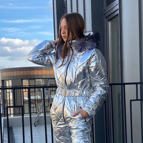 Custom Women's Silver Ski Jumpsuit: Tailored Ski Outfit with Eco-Fur Snow Suit, Made to Measure for Women's Natural Fur Snow Suit