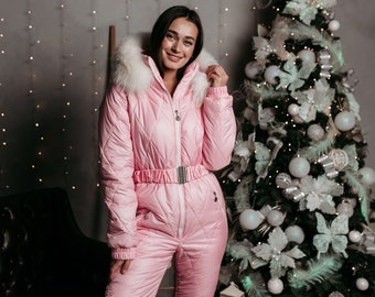 Custom Light Pink Women's Ski Jumpsuit: Made to Measure Ski Overall Tailored for Your Comfort! Waterproof and Available in ANY SIZE!