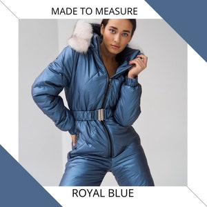 Custom Royal Blue Women's Jumpsuit: Tailored Ski Suit for Women, Customized Clothing Available in Plus Sizes! Overall Made to Measure!