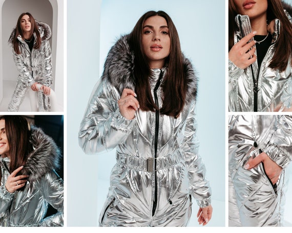 Custom Jumpsuit Women Silver Ski Outfit Eco Fur Snow Suit Made to