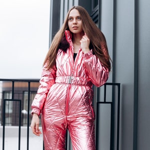 Custom Metallic Pink Women Ski Jumpsuit: Tailored Ski Overall with Eco-Fur, Perfect for Winter! Plus Size and Natural Fur Available!