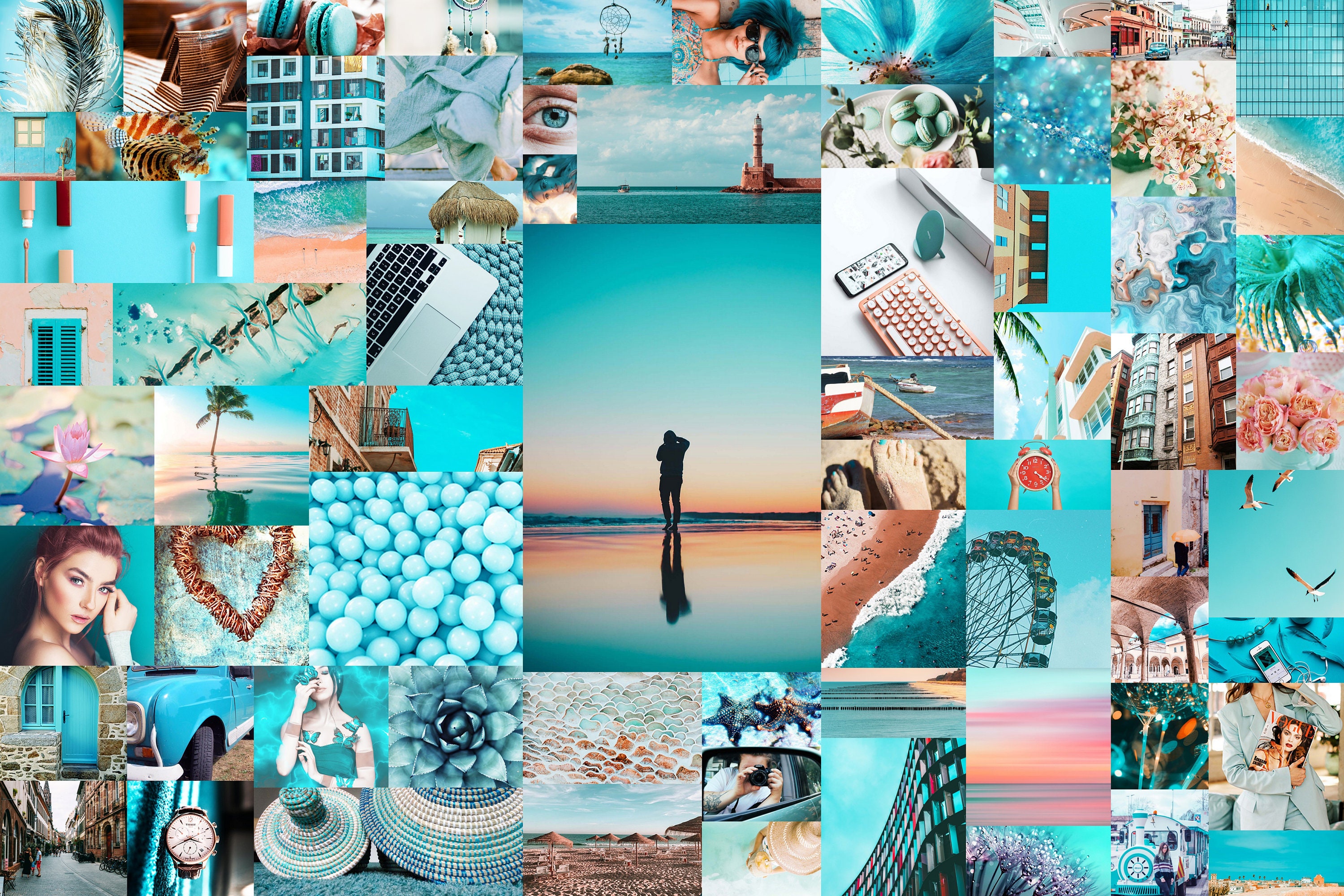Teal photo wall collage kit summer DIGITAL 70 pcs teal and Etsy