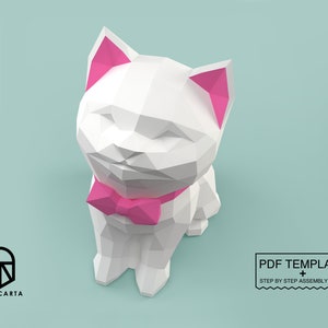 Kitty Cat Papercraft sculpture, DIY 3D animal décor, PDF Template with step by step assembly guide, Printable model.