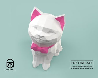 Kitty Katze Papercraft Skulptur, DIY 3D Tierdekor, PDF Vorlage mit Schritt für Schritt Aufbauanleitung, Druckbares Modell.