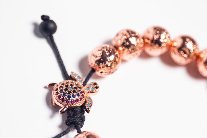 Volcanic Lava Rose Gold Bracelet,Onyx Beads,Sea Turtle Bead Multi Colored,Black Crystal Bead