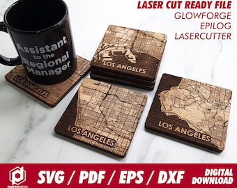 Los Angeles city wooden coaster, 6 unit puzzle coaster - Svg / Pdf / Eps / Dxf Laser Cut File / Glowforge - Instant download
