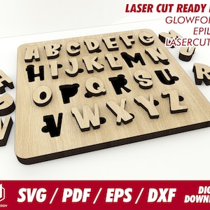 Alphabet Puzzle, ABC puzzle for kids children design 5, vector  - Svg / Pdf / Eps / Dxf Laser Cut File / Glowforge - Instant download