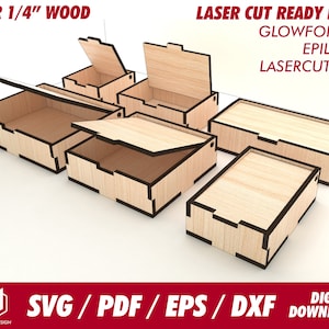 pudełka z klapką, 6 różnych rozmiarów, do drewna o grubości 1/4" - Svg / Pdf / Eps / Dxf Plik cięty laserowo / Glowforge - Natychmiastowe pobranie