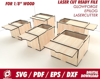 boxes with slide lid, 5 different size, 10cm height, for 1/8" wood - Svg / Pdf / Eps / Dxf Laser Cut File / Glowforge - Instant download