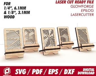 phone stand, 5 different line design, for 1/8" and 1/4" thk wood - Svg / Pdf / Eps / Dxf Laser Cut File / Glowforge - Instant download