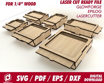 boxes with slide lid, 6 different size, 5cm height, for 1/4" wood - Svg / Pdf / Eps / Dxf Laser Cut File / Glowforge - Instant download