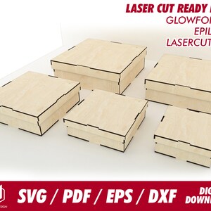 Kwadratowe pudełko z pokrywką, 5 różnych rozmiarów, do drewna o grubości 1/8" lub 3,1 mm - Svg / Pdf / Eps / Dxf Plik cięty laserowo / Glowforge - Natychmiastowe pobranie