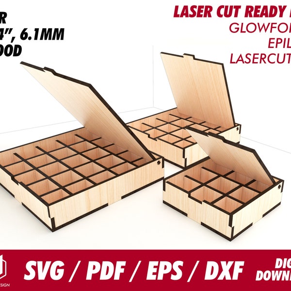 boxes with flip lid and compartment , 3 sizes, for 1/4" or 6mm wood - Svg / Pdf / Eps / Dxf Laser Cut File / Glowforge - Instant download