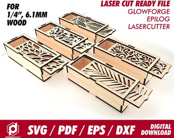 boxes with slide lid, 5 different pattern, for 1/4" or 6.1mm thk wood - Svg / Pdf / Eps / Dxf Laser Cut File / Glowforge - Instant download