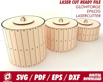 cylinder storage barrel, 3 different size, for 1/8" or 3.1mm thk wood - Svg / Pdf / Eps / Dxf Laser Cut File / Glowforge - Instant download