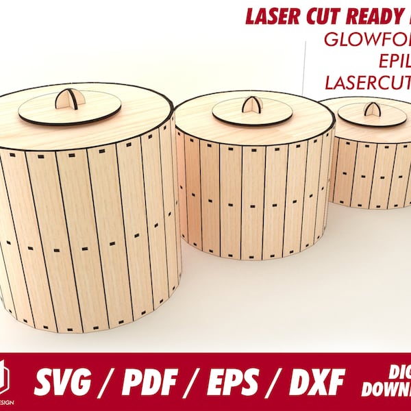 cylinder storage barrel, 3 different size, for 1/8" or 3.1mm thk wood - Svg / Pdf / Eps / Dxf Laser Cut File / Glowforge - Instant download
