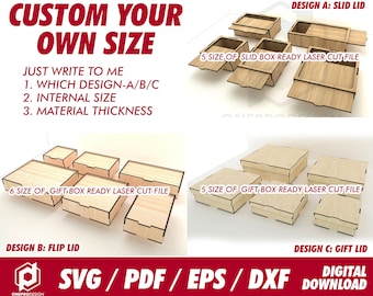 4 IN 1 files, 3 types of box for 1/8" wood and 1 new custom your size box- Svg/Pdf/Eps/Dxf/Laser Cut File/Glowforge -Instant download