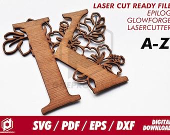 May include: Laser cut ready file for the letter K with floral design. The file is compatible with Epilog, Glowforge, and other laser cutters. The design is available in SVG, PDF, EPS, and DXF formats.
