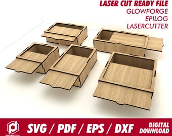 boxes with slide lid, 5 different size, for 1/8&quot; or 3.1mm thk wood - Svg / Pdf / Eps / Dxf Laser Cut File / Glowforge - Instant download