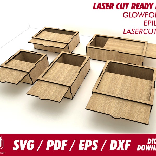 cajas con tapa deslizante, 5 tamaños diferentes, para madera de 1/8" o 3,1 mm de grosor - Svg / Pdf / Eps / Dxf Laser Cut File / Glowforge - Descarga instantánea
