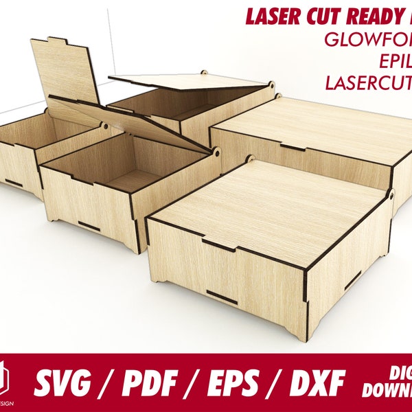 boxes with flip lid with leg, 5 sizes, for 1/8" or 3.1mm thk wood - Svg / Pdf / Eps / Dxf Laser Cut File / Glowforge - Instant download