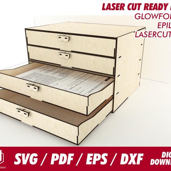 A4 document drawer, 4 tiers, for 1/8" wood - Svg / Pdf / Eps / Dxf Laser Cut File / Glowforge - Instant download