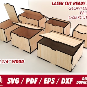 Peut inclure: Un ensemble de cinq boîtes en bois avec couvercles, conçues pour la découpe au laser. Les boîtes sont faites pour du bois de 1/4 de pouce et sont prêtes à être découpées avec une Glowforge, une Epilog ou une autre découpeuse laser. L'image comprend le texte "LASER CUT READY FILE", "GLOWFORGE", "EPILOG", "LASERCUTTER", "FOR 1/4" WOOD", "SVG/PDF/EPS/DXF", et "DIGITAL DOWNLOAD".
