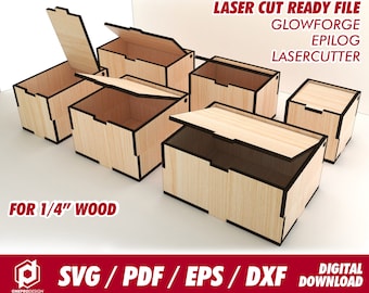 boxes with flip lid, 6 different size, 10cm height, for 1/4"  thk wood - Svg / Pdf / Eps / Dxf Laser Cut File / Glowforge - Instant download