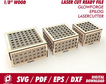 Rattan Box mit Deckel, 3 verschiedene Größen, für 1/8" oder 3,1mm Holz - SVG / Pdf / Eps / Dxf Laser Cut File / Glowforge - Instant download