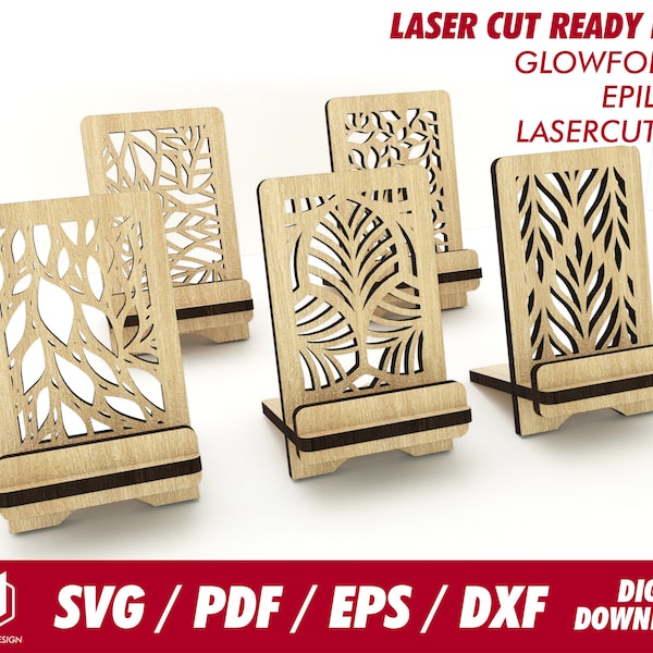 phone stand, 5 different leaf design, for 1/8" and 1/4" thk wood - Svg / Pdf / Eps / Dxf Laser Cut File / Glowforge - Instant download