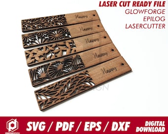 May include: A collection of laser-cut wooden tags with intricate floral and geometric patterns. Each tag is engraved with the word "Happy". The image also includes the text "LASER CUT READY FILE" and "DIGITAL DOWNLOAD".