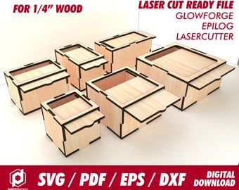 boxes with slide lid, 6 different size, 10cm height, for 1/4" wood - Svg / Pdf / Eps / Dxf Laser Cut File / Glowforge - Instant download