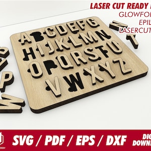 Alfabet puzzel, ABC puzzel voor kinderen kinderen ontwerpen 2, vector - Svg / Pdf / Eps / Dxf Laser Cut File / Glowforge - Instant download