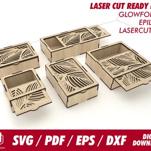 pudełka z pokrywką z wzorem liścia przesuwnego, 5 rozmiarów, do drewna o grubości 1/8" lub 3,1 mm - Svg / Pdf / Eps / Dxf Plik cięty laserowo / Glowforge - Natychmiastowe pobranie