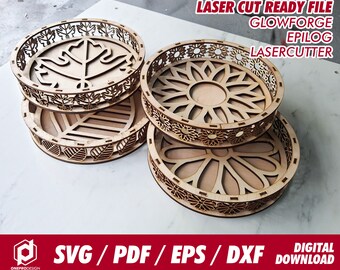 Bundle set, circle wooden tray, 4 designs - Svg / Pdf / Eps / Dxf Laser Cut File / Glowforge - Instant download