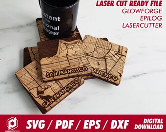 San Francisco city wooden coaster, 6 unit puzzle coaster - Svg / Pdf / Eps / Dxf Laser Cut File / Glowforge - Instant download