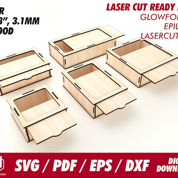 boxes with slide lid (new design), 5 sizes, for 1/8" wood - Svg / Pdf / Eps / Dxf Laser Cut File / Glowforge - Instant download