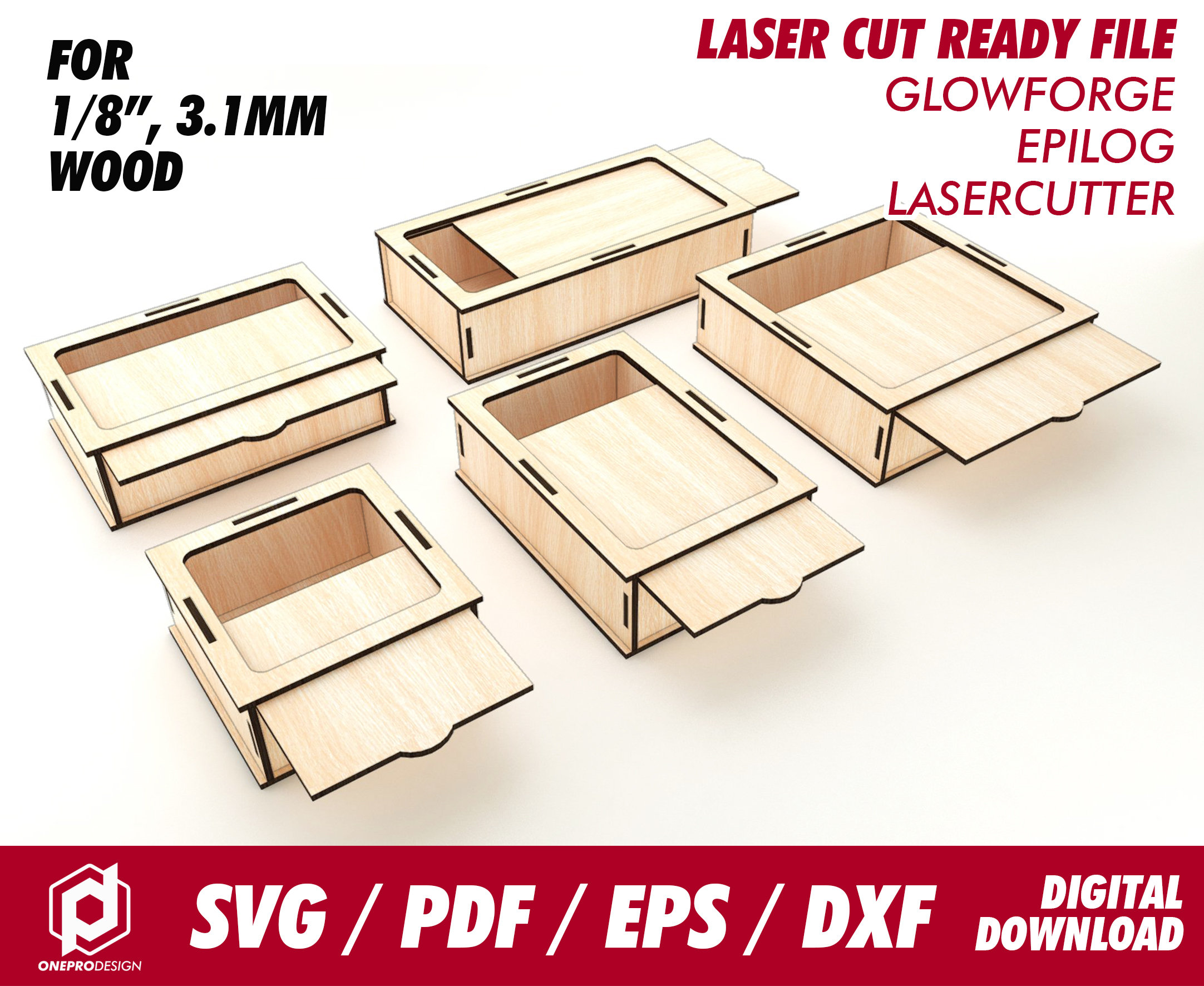 boxes with slide lid (new design), 5 sizes, for 1/8" wood - Svg / Pdf / Eps / Dxf Laser Cut File / Glowforge - Instant download