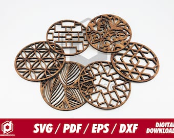 6 design coaster with box - 10cm x 10cm x 3.5cm - svg / PDF / EPS / DXF Laser Cut File - Instant download