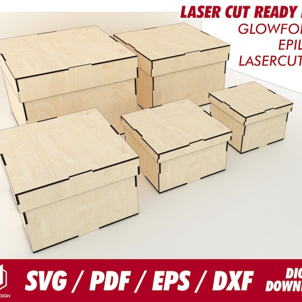 Boîte carrée avec couvercle, 5 tailles différentes, pour bois de 1/8" ou 3,1 mm d'épaisseur - Svg / Pdf / Eps / Dxf Laser Cut File / Glowforge - Téléchargement instantané